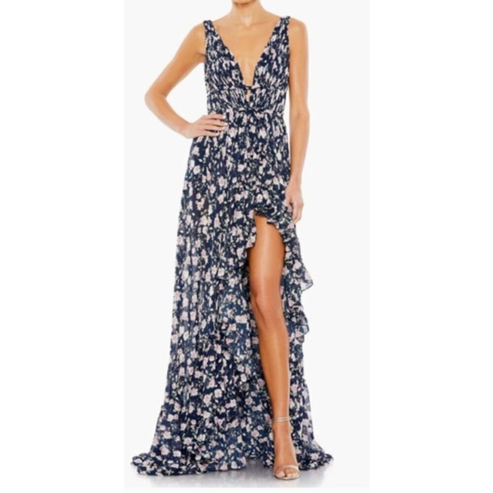 Ieena for Mac Duggal Floral Ruffled Gown Sleeveless V-Neck Hi Lo Hem Blue 6
